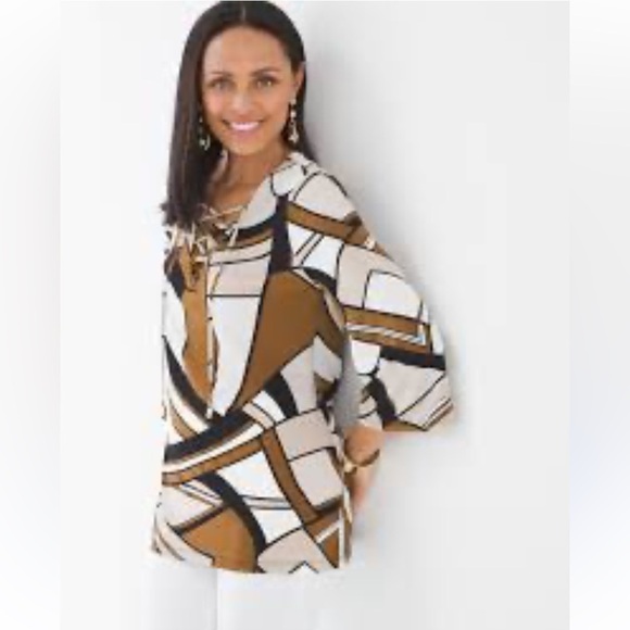 Chico's Brown Knit Kit Groovy Swirl Lace Up Long Sleeve Top Size 0 - Picture 3 of 9